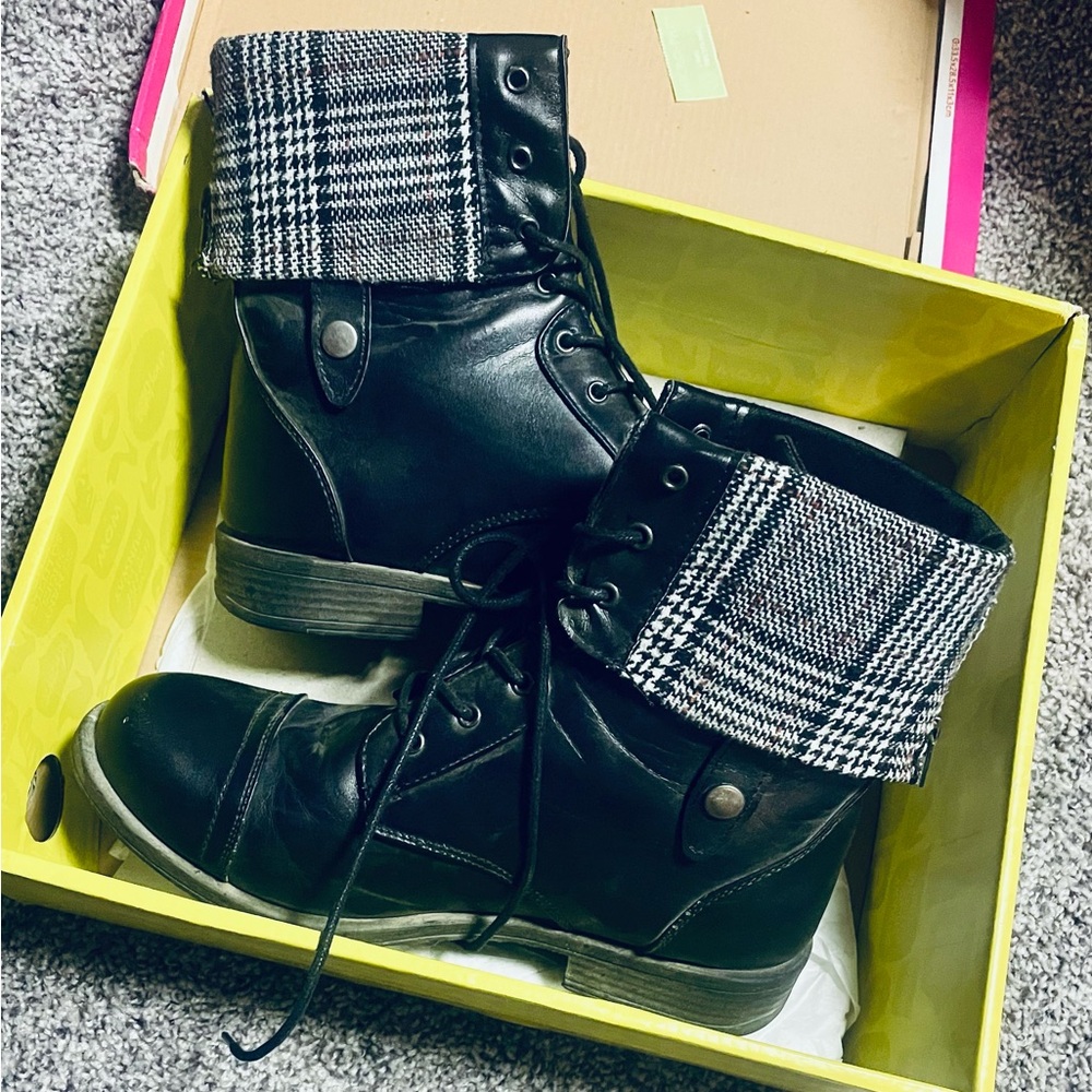 Black and White Plaid Cuff Combat Boots